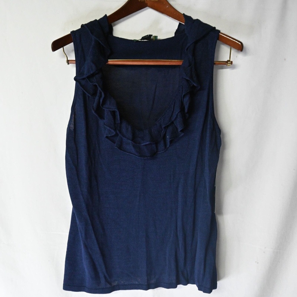 NEW Lauren Ralph Lauren‎ XL Navy Blue Ruffle Silk Scoop Neck Sweater Vest Tank